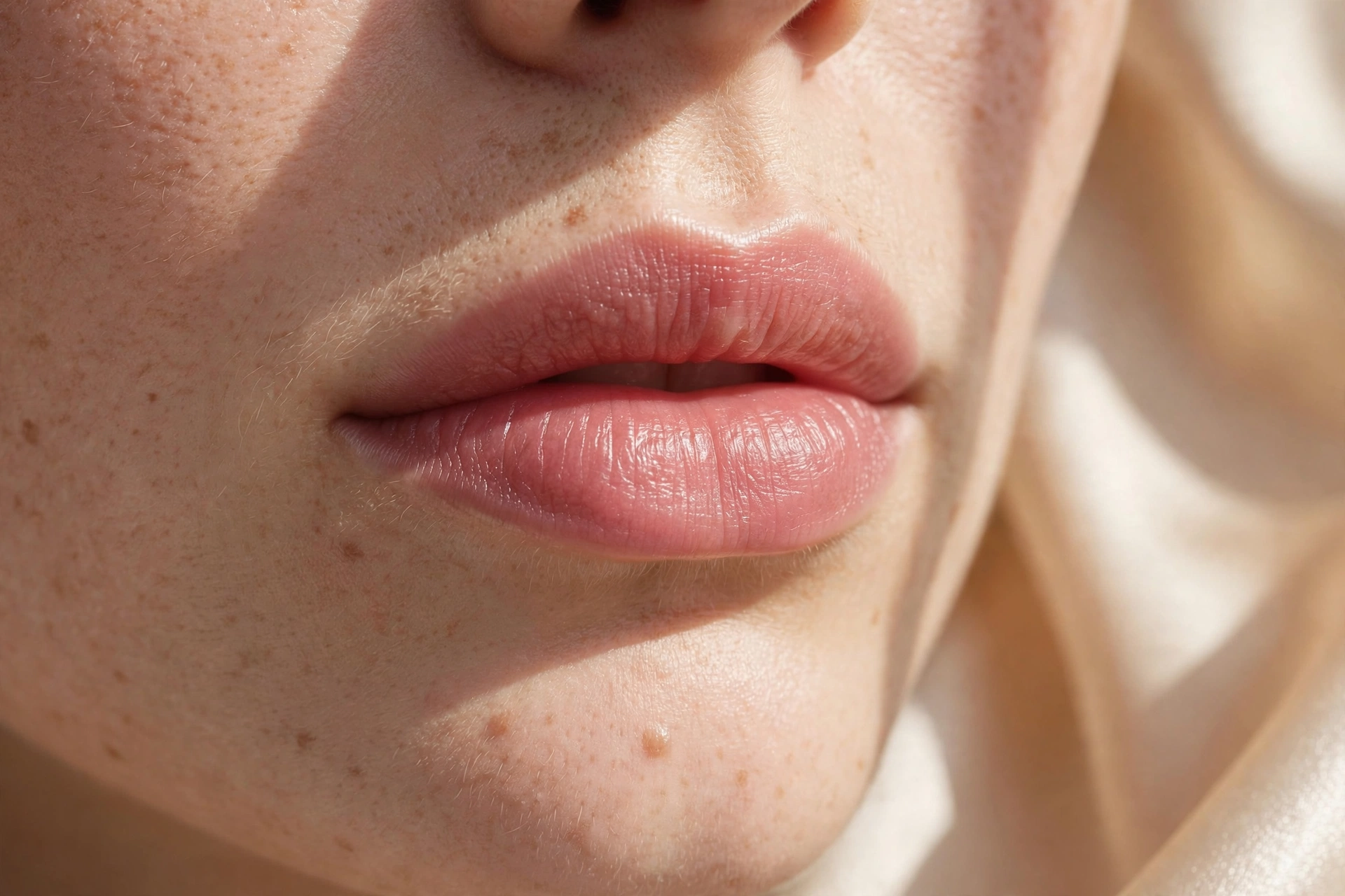 Close-up of full, natural-looking lips in warm light